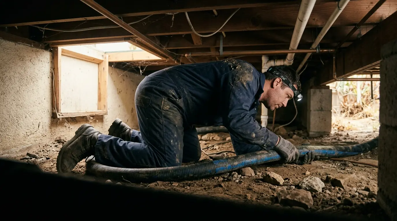 Wet sagging fiberglass insulation between floor joists