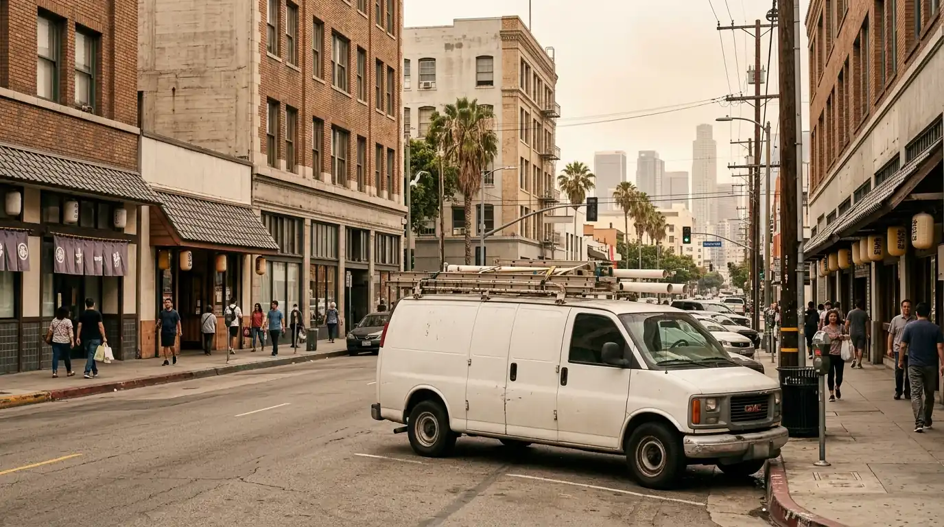 Service van parked near Little Tokyo in downtown Los Angeles