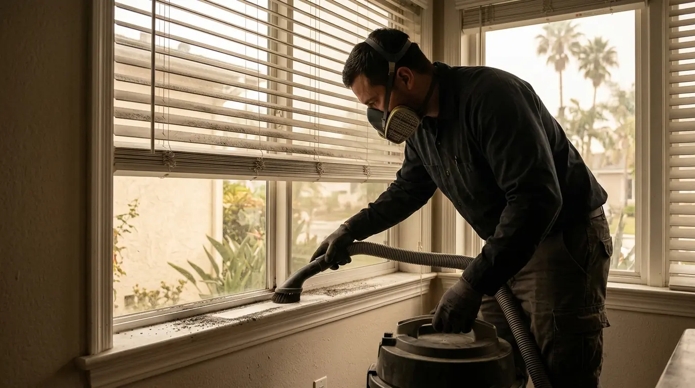 Duct cleaning equipment outside a Los Angeles house after a wildfire