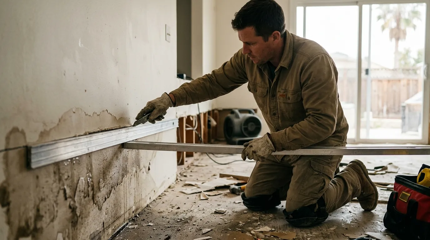 New drywall patch with joint compound in a Los Angeles hallway