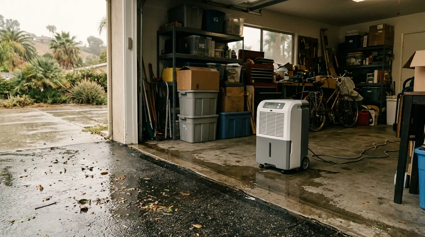 Sun Valley house garage with storm water at the door and a dehumidifier running