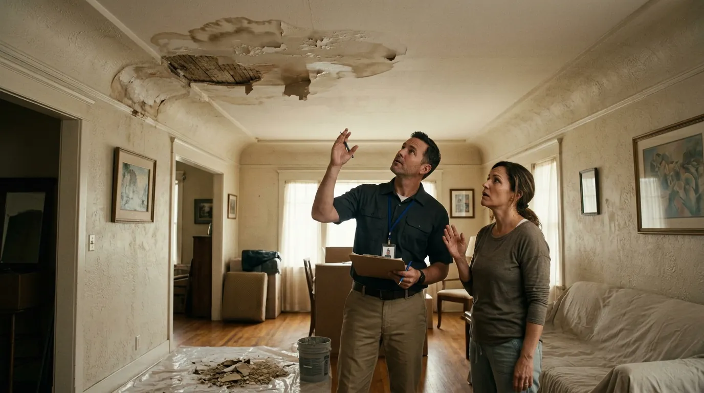 Insurance adjuster and homeowner looking at a damaged ceiling