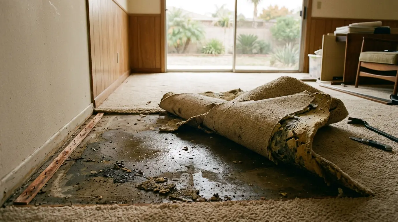 Burbank mid-century ranch house with carpet pulled back from a wet slab floor