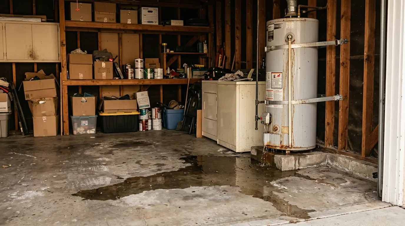 Torrance tract home garage with a leaking water heater and a wet floor