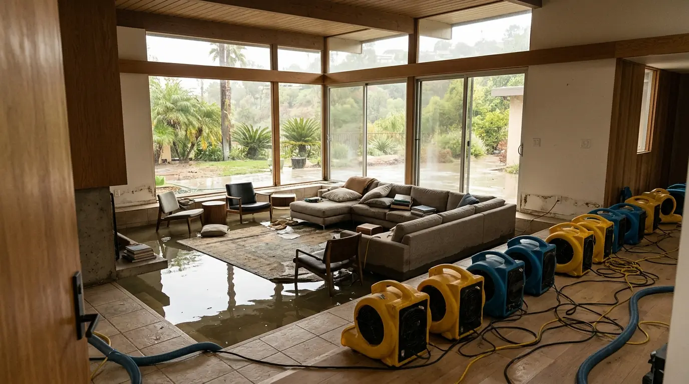 Studio City house with flood water across a sunken living room and air movers lined up