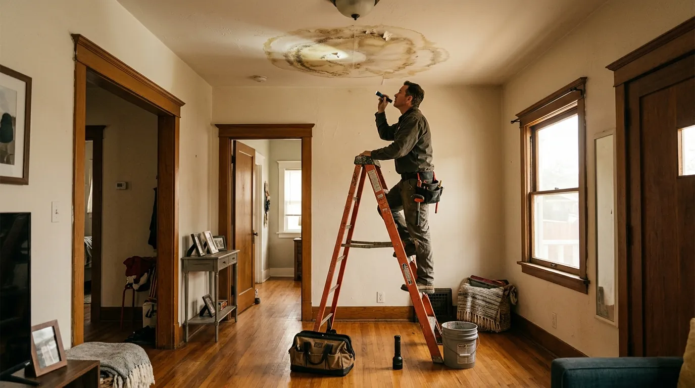 Westchester bungalow with a stained ceiling below a bathroom and a technician on a ladder