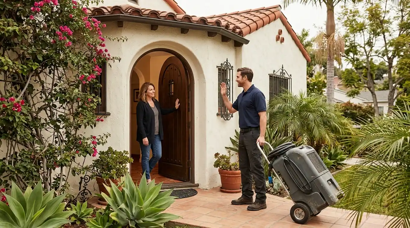 Restoration technician arriving at a Los Angeles home with drying equipment