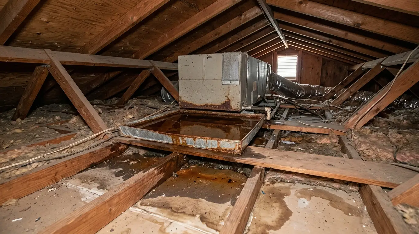 Woodland Hills ranch house attic air handler with a soaked drain pan and a wet ceiling below