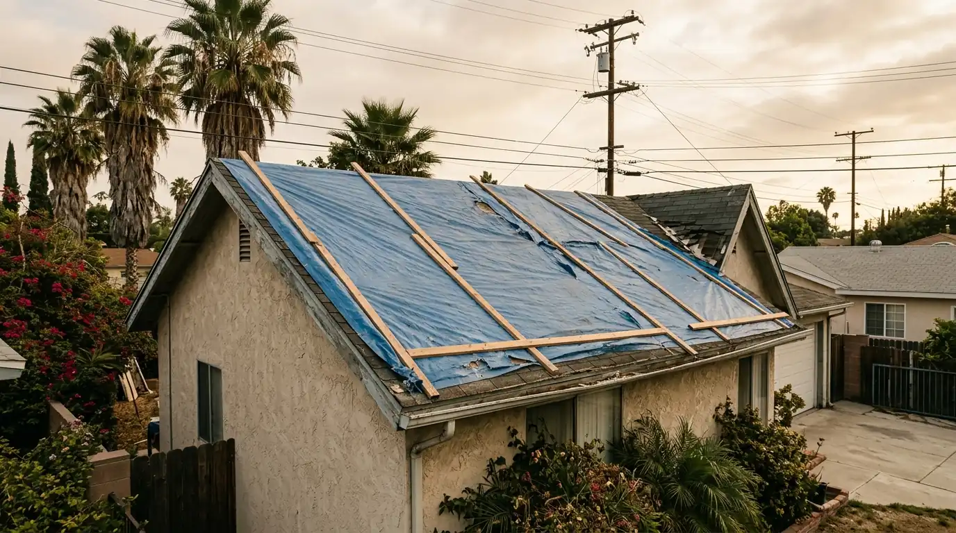 Blue tarp battened over a damaged roof section on a Los Angeles house
