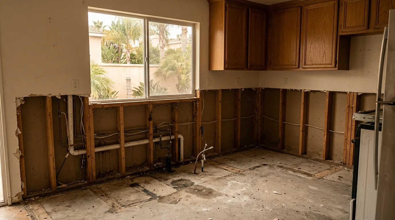Kitchen base cabinets removed down to studs after a water loss