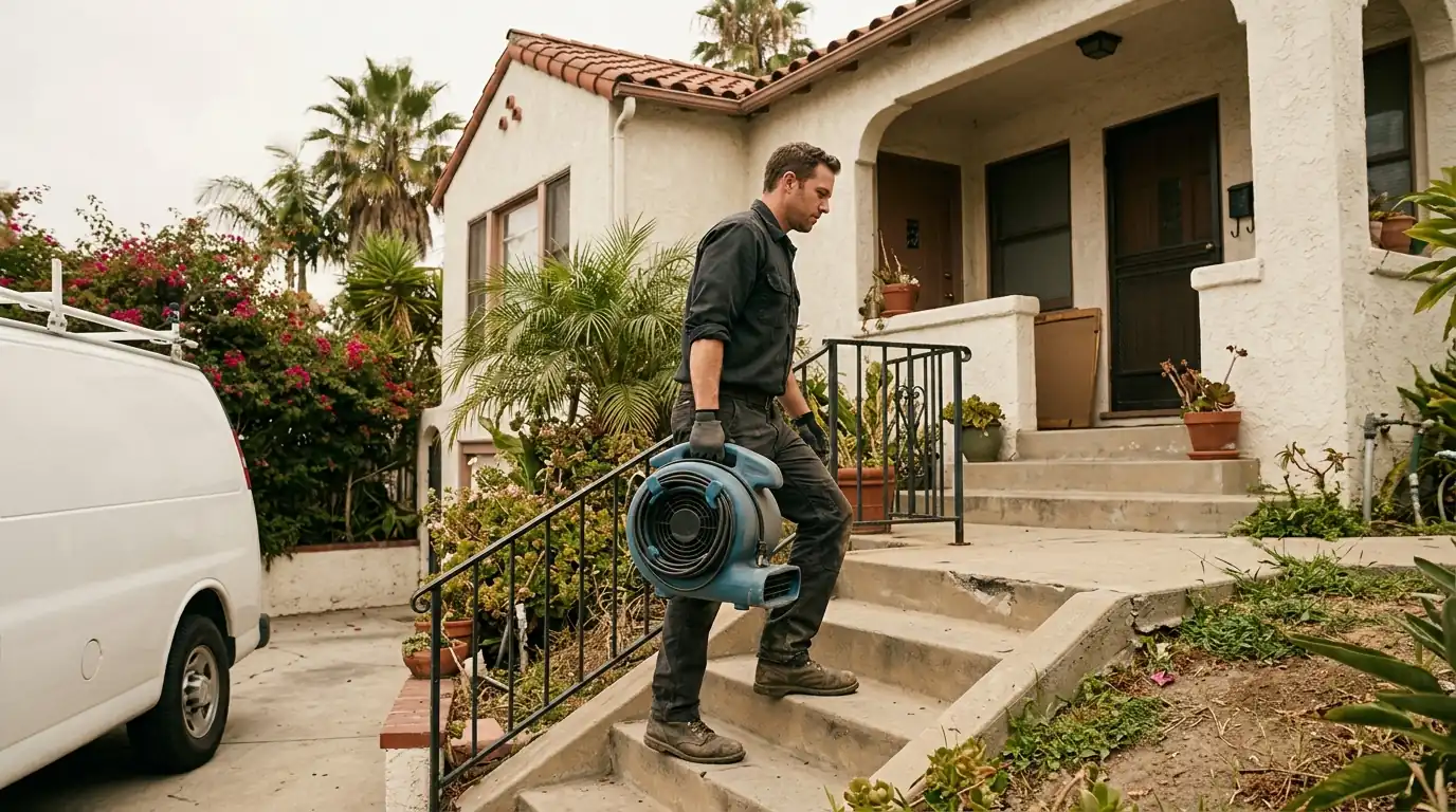 Technician carrying an air mover into a Los Angeles duplex
