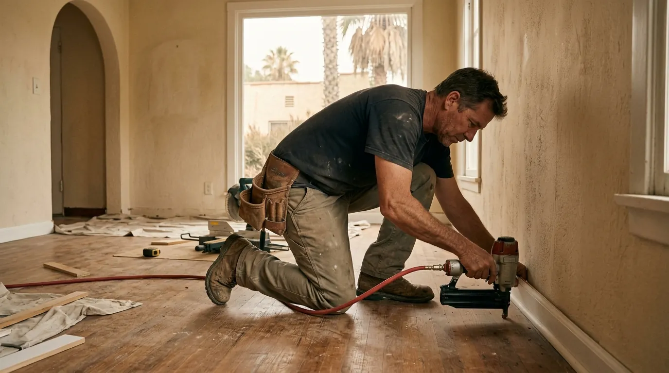 Carpenter installing new baseboard in a Los Angeles living room
