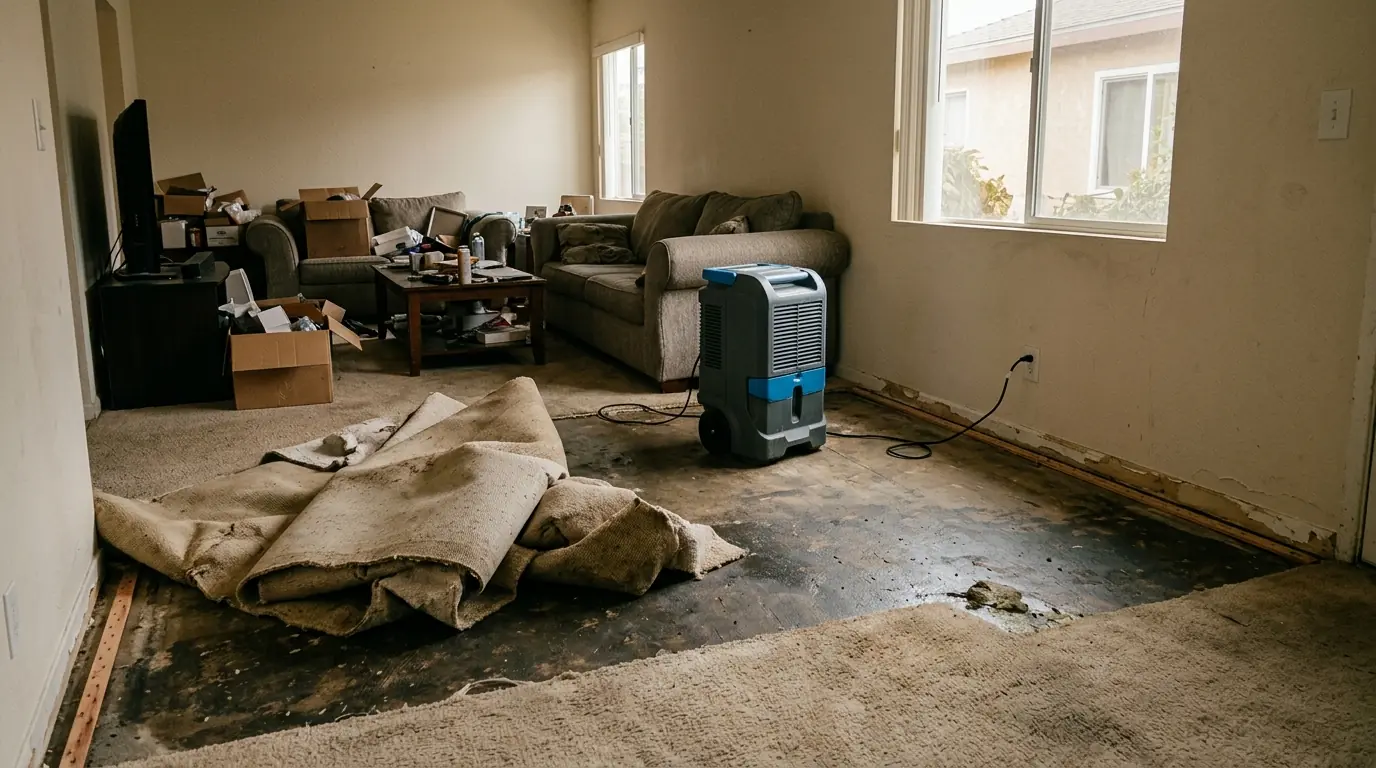 South Los Angeles stucco house living room with wet carpet pulled back and a dehumidifier running