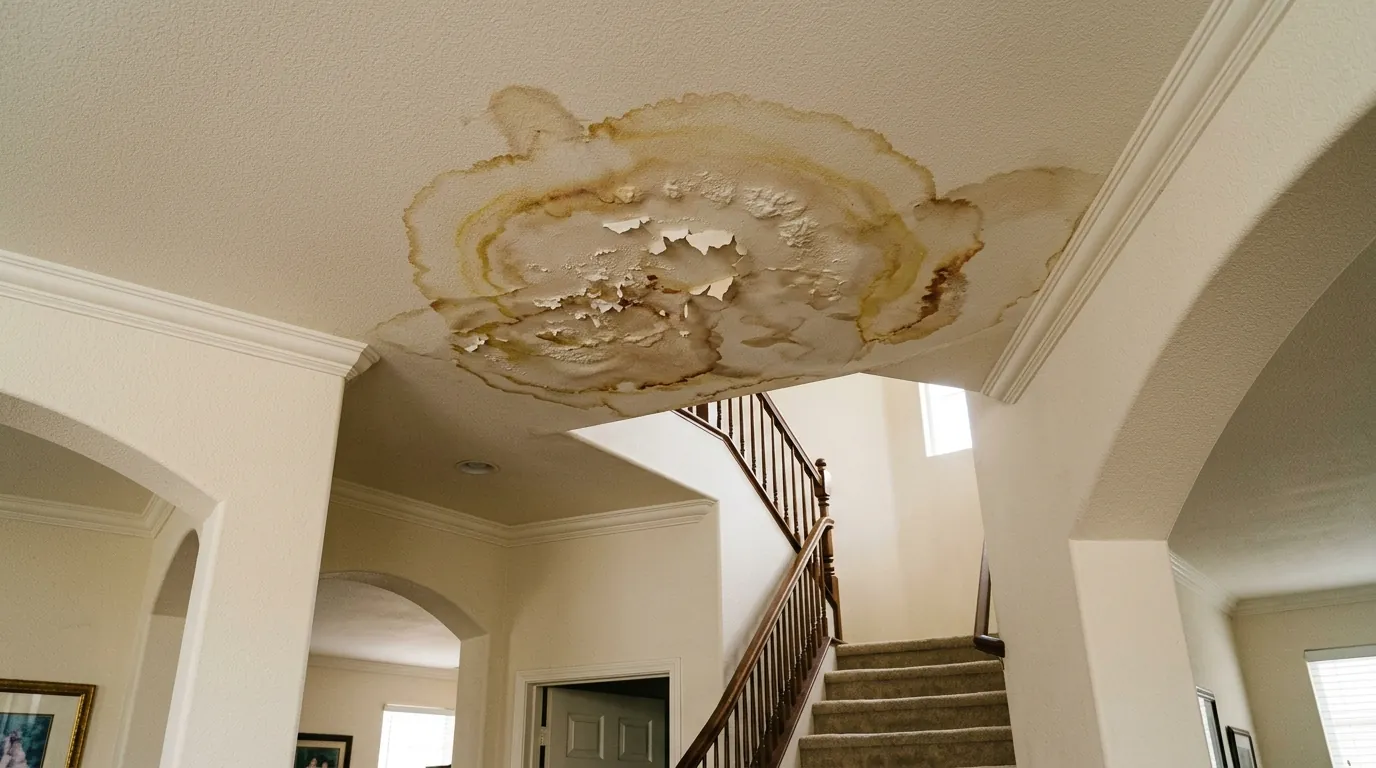 Santa Clarita two-story home with a stained ceiling below an upstairs bathroom