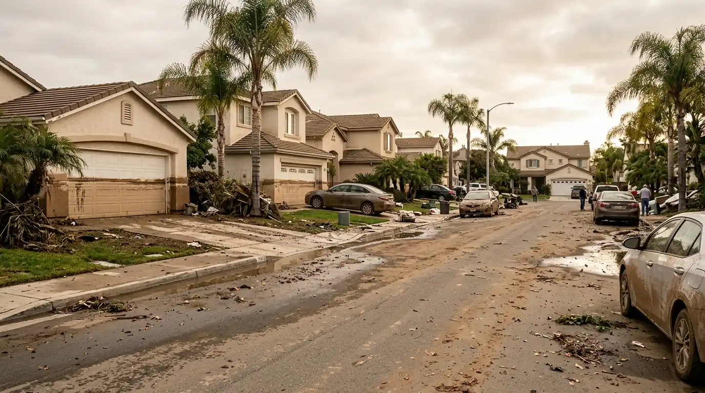 San Diego neighborhood street after a flash flood with muddy water lines on garage doors