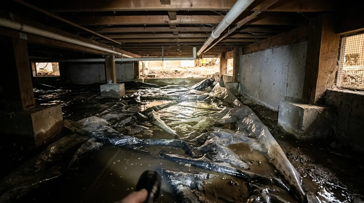 Technician in coveralls crawling under a house with a submersible pump