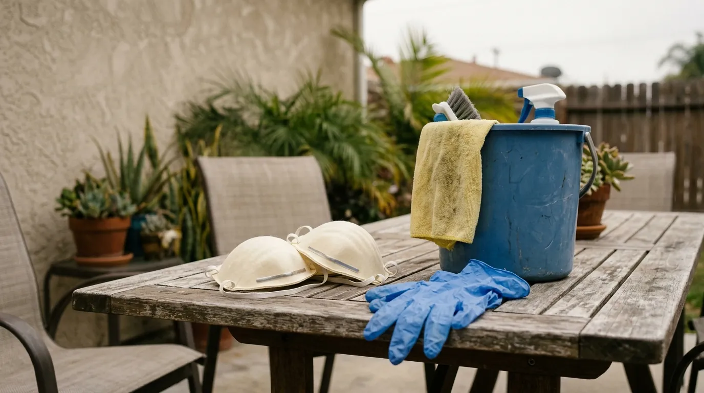 N95 mask and gloves on a table with a cleaning bucket