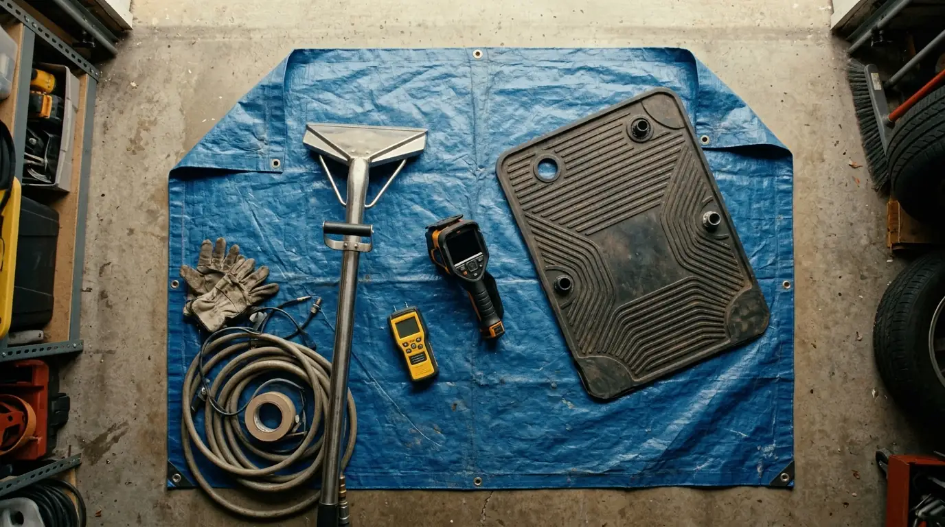 Restoration tools laid out before a job in a Los Angeles garage