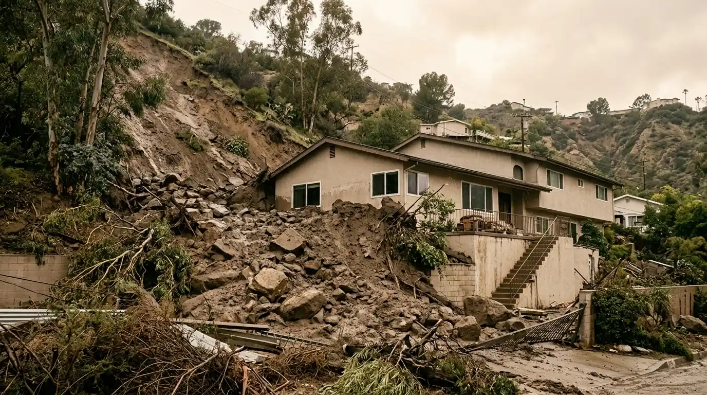 Crew shoveling mud out of a garage after a canyon storm