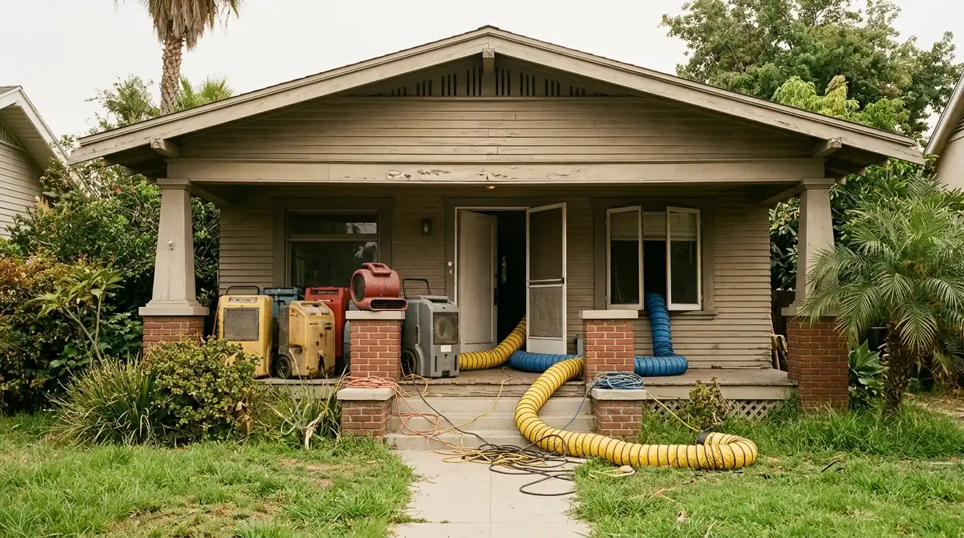 Santa Ana older house laundry room with a failed supply line and wet floor