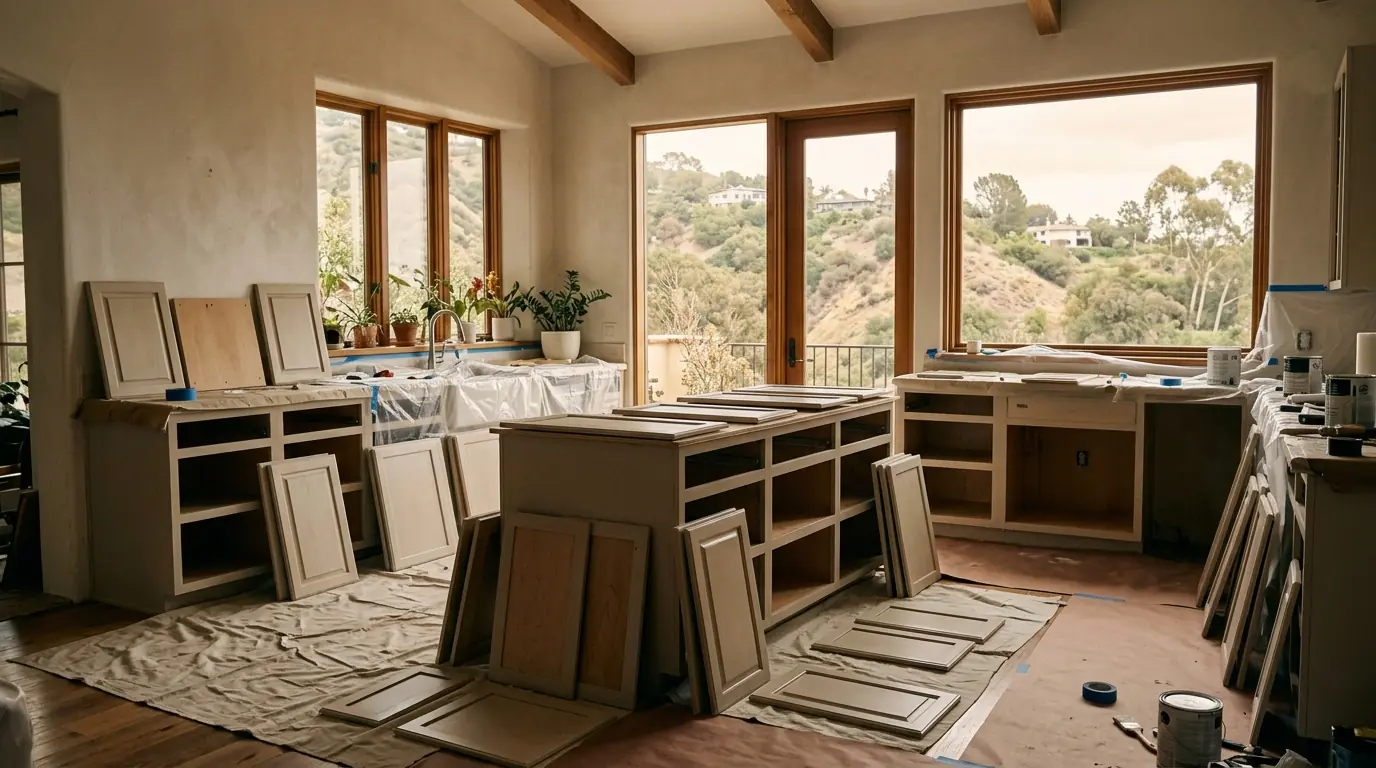 Glendale hillside home kitchen with base cabinets pulled out for drying