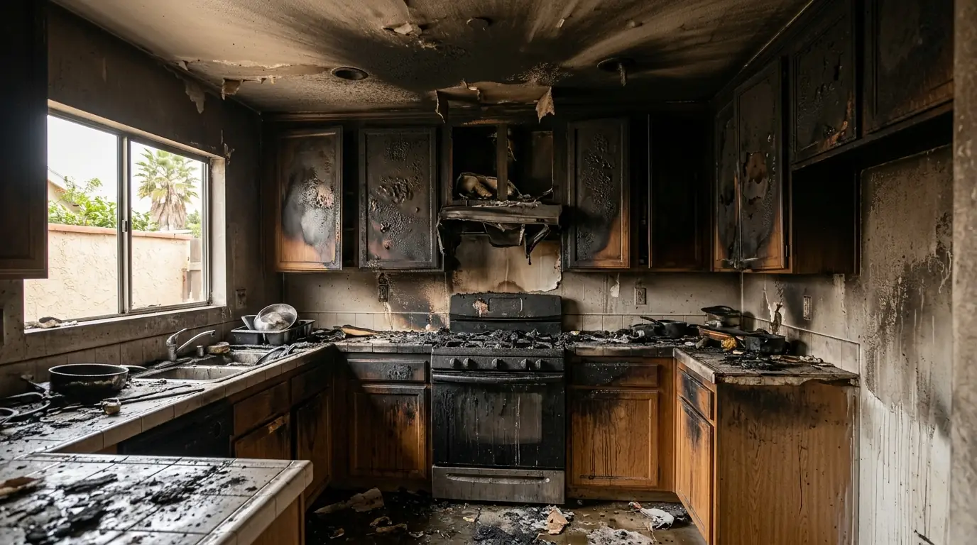 Charred kitchen cabinets after a stove fire in a Los Angeles home