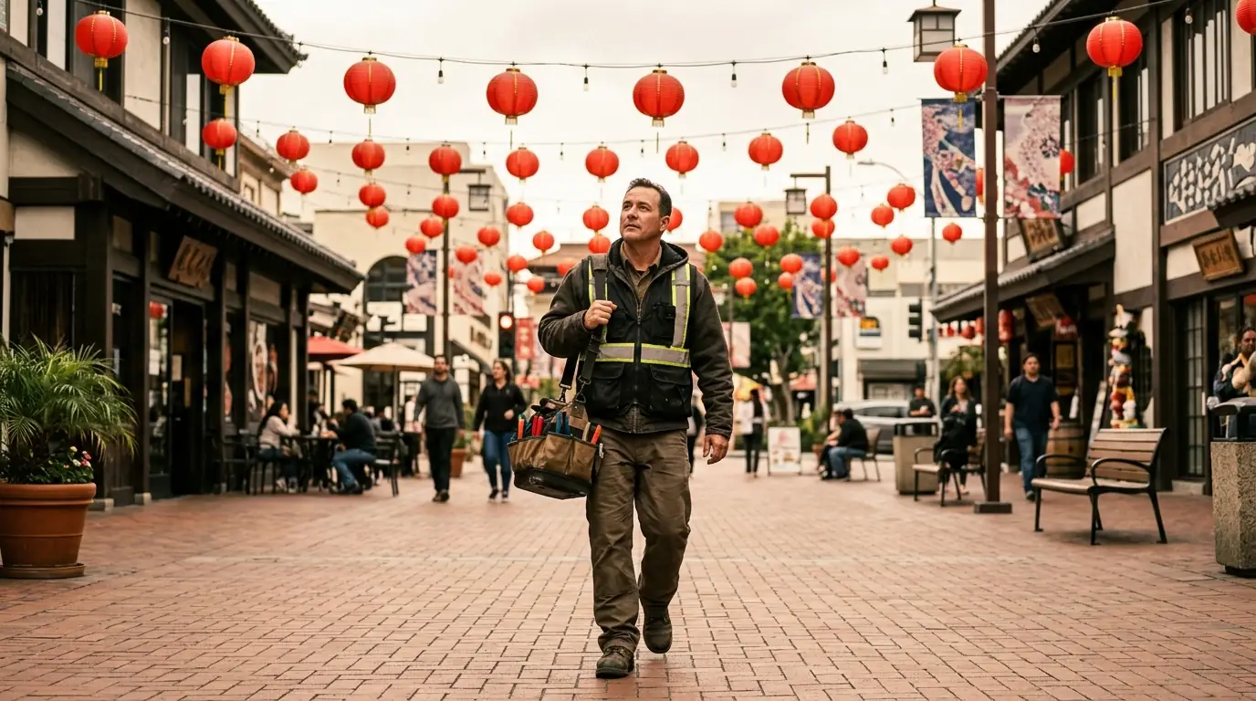 Little Tokyo plaza walkway with a restoration technician carrying a tool bag