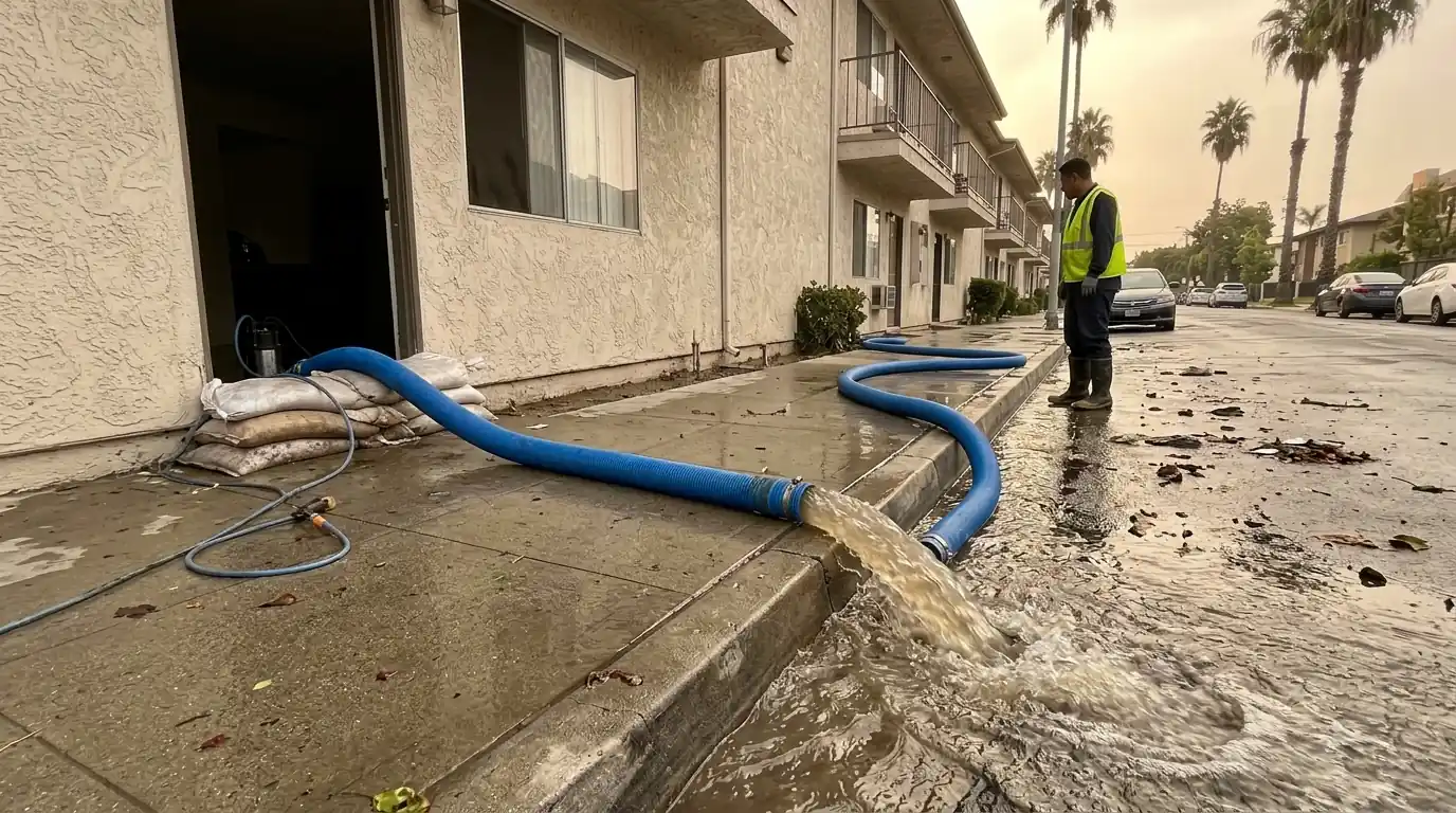 Submersible pump discharging floodwater from a ground-floor unit