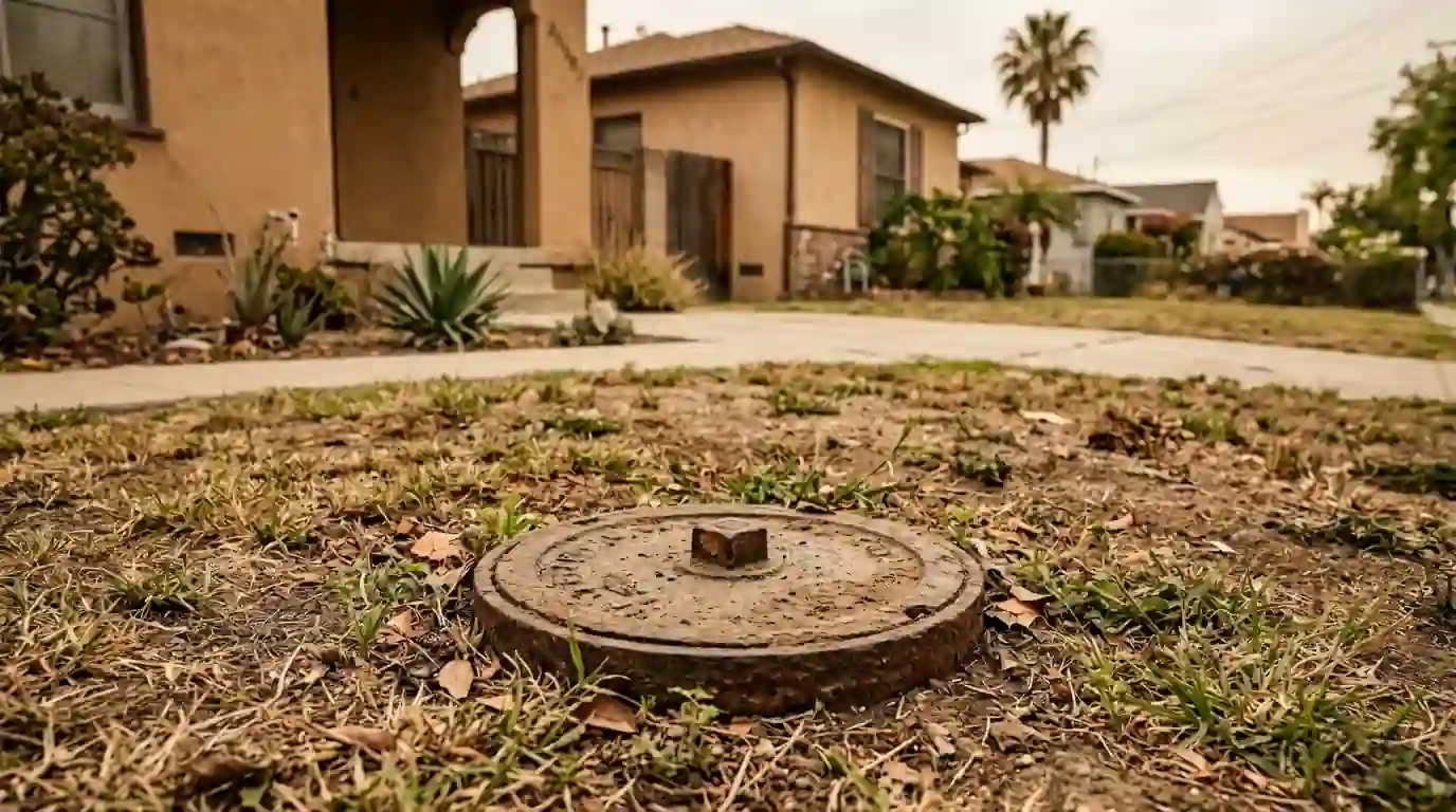 Sewer cleanout cap in a Los Angeles front yard