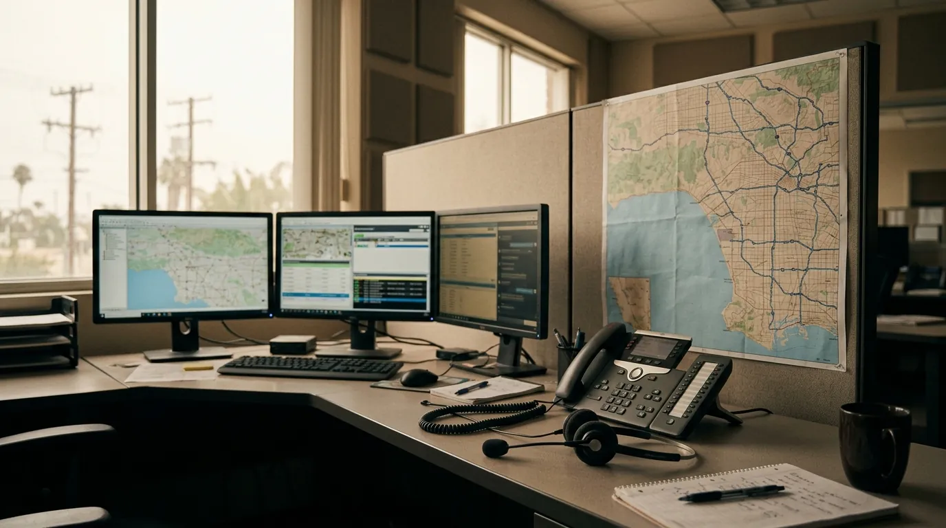 Dispatcher desk with a map of Los Angeles and a headset