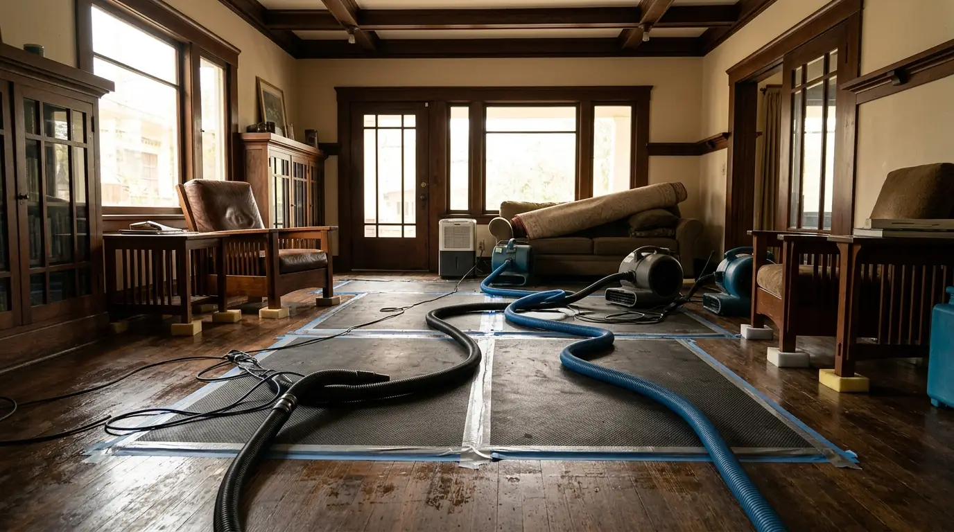 Pasadena craftsman home interior with a wet hardwood floor under drying mats
